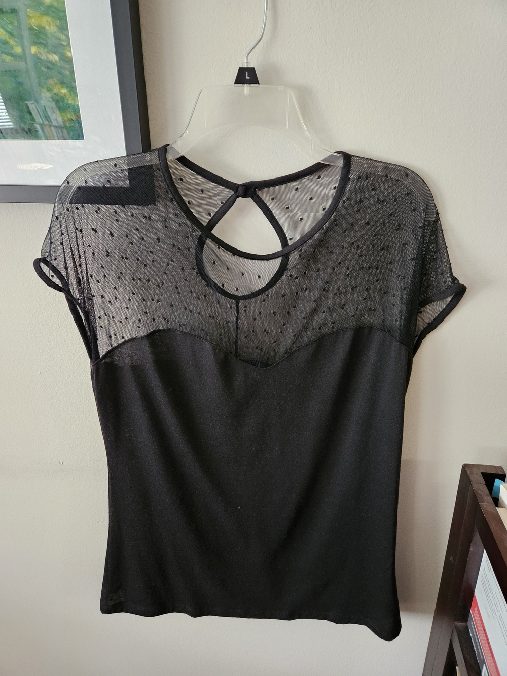 RockSteady Black Sheer Dot Sweetheart Keyhole Top